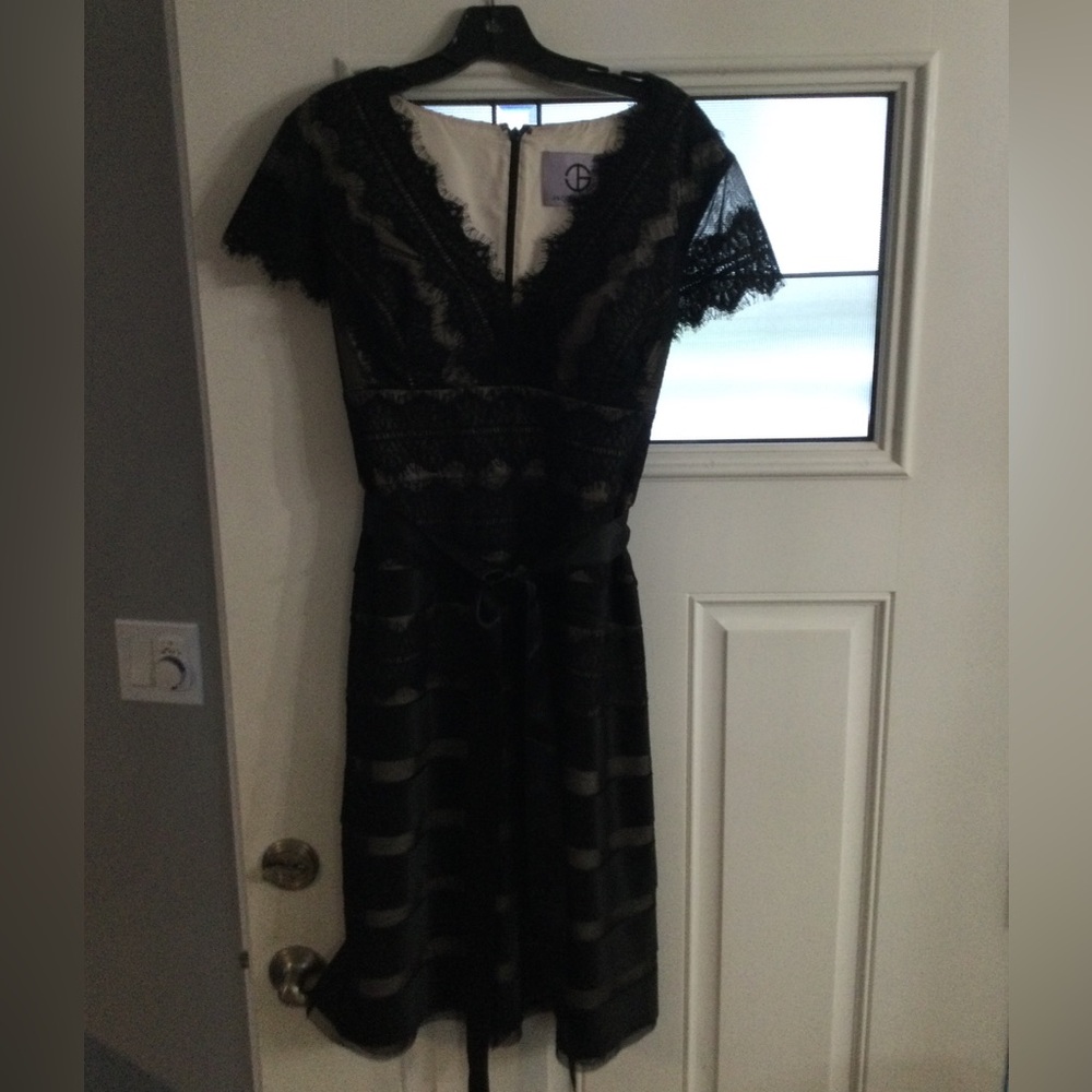 JS Collection.   Black cocktail dress.  Knee length, lace overlay